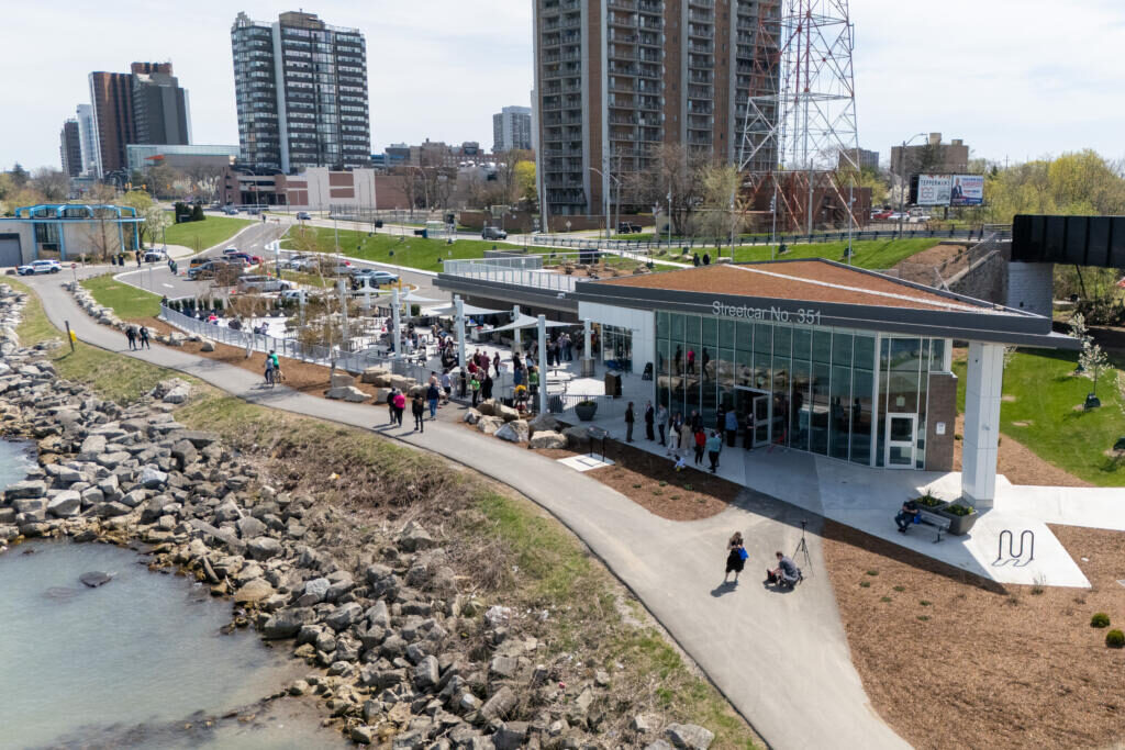 Windsor waterfront revitalization with shoreline crenellations and streetcar museum